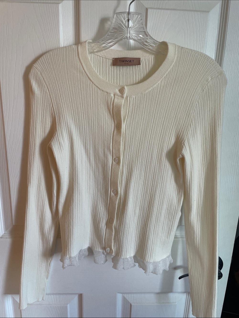 Twin-Set Cream Ribbed Button Cardigan with Ruffle Hem